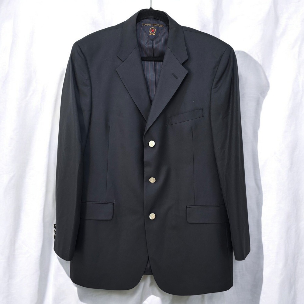 VTG Tommy Hilfiger Wool Blazer Sport‎ Coat Gold Buttons Classic  Mens 43R Black